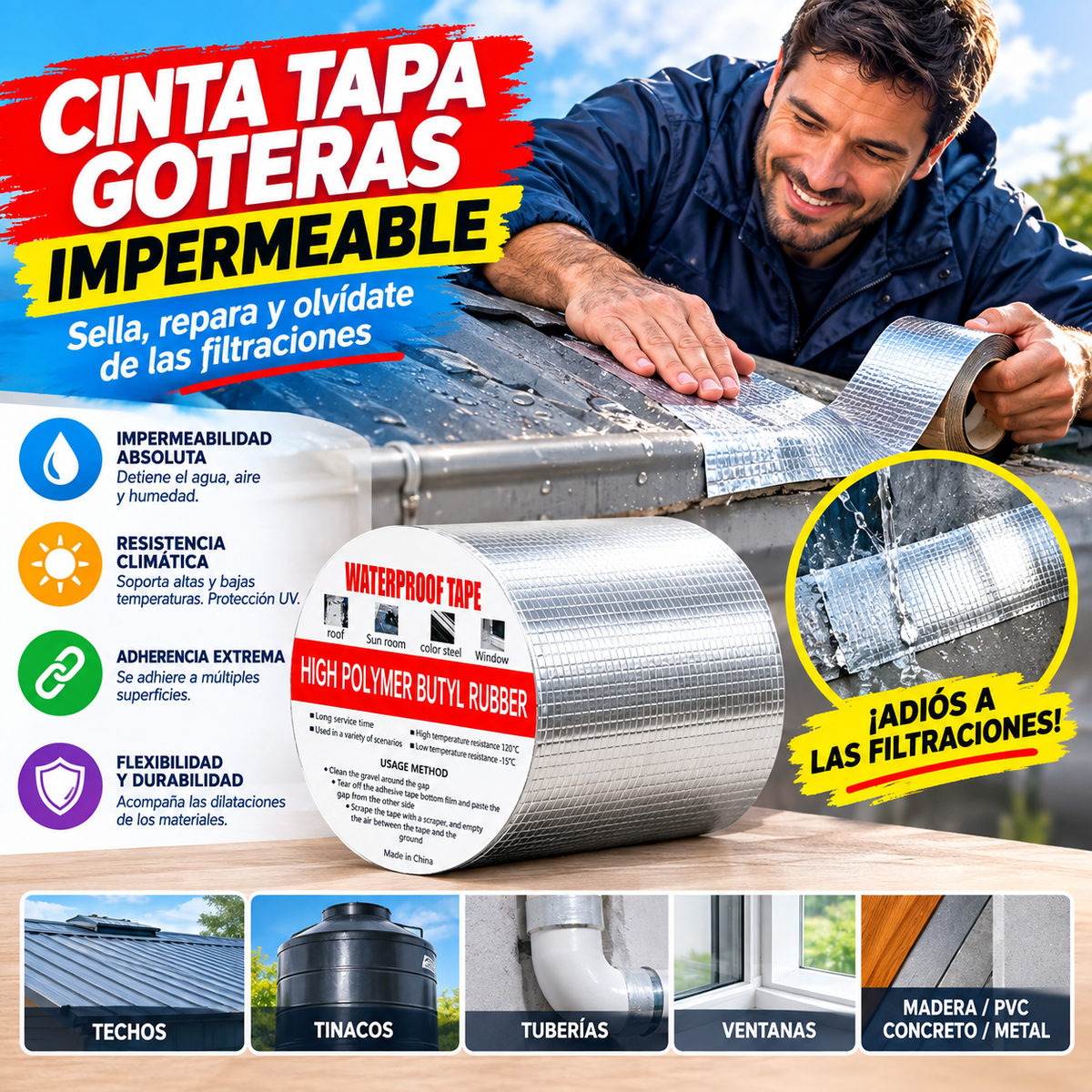 Cinta tapa goteras impermeable
