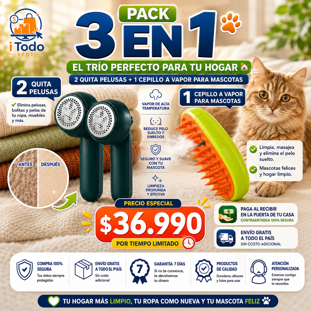 PACK HOGAR INTELIGENTE -  Lleva 2 Quita Pelusas Portátil  + 1 Cepillo a Vapor de Mascotas