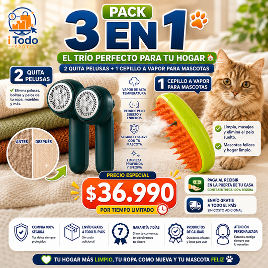 PACK HOGAR INTELIGENTE -  Lleva 2 Quita Pelusas Portátil  + 1 Cepillo a Vapor de Mascotas