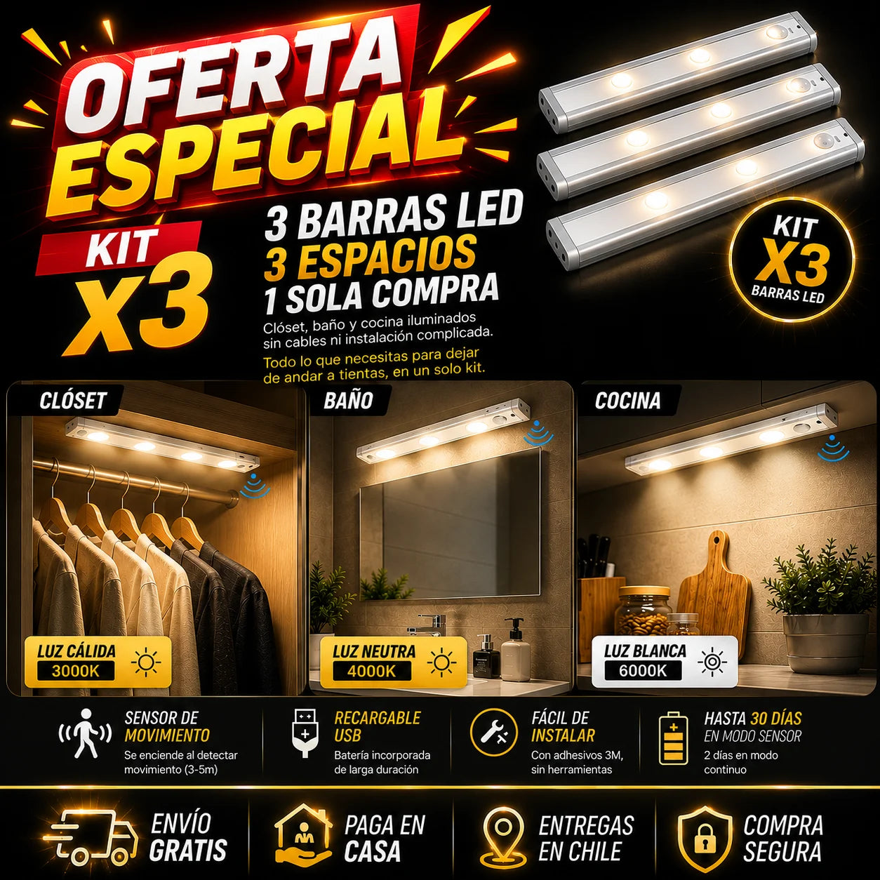 OFERTA ESPECIAL  KIT X 3 Barras Led con Sensor - 30cm
