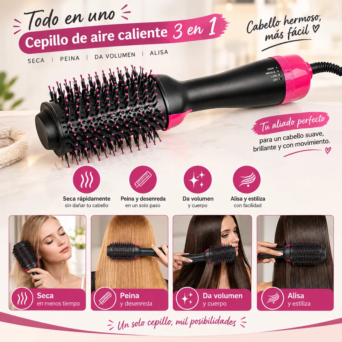 Cepillo Secador de Cabello 3 en 1